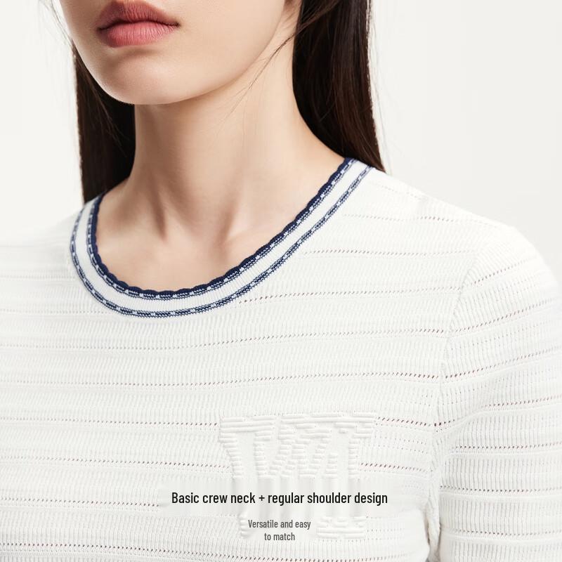 Veromoda Short-Sleeve Letter Jacquard Knit Top with Contrast Collar