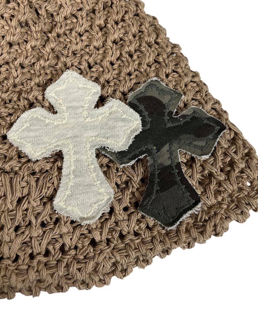 SK8ER ROCK Cross Knit Bucket Hat ((Beige))
