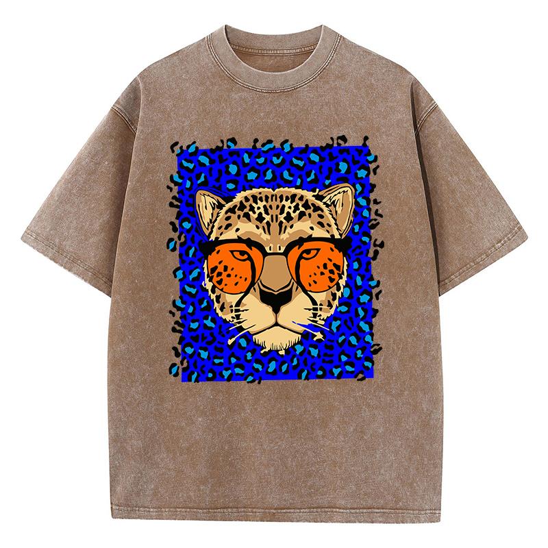 Tricouri Spălate pentru Femei Desene Animate Comic Imprimeu Ghepard Mânecă Scurtă Bumbac Uzat Oversize Gât Rotund Topuri Haine de Stradă