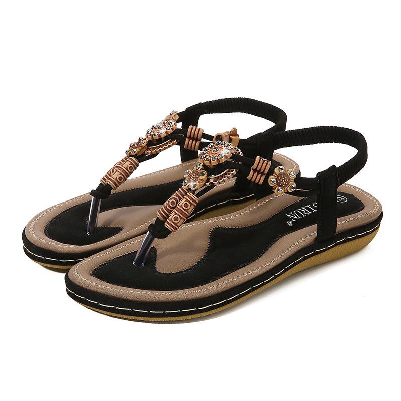 Bohemian Wood Bead Woven Plus Size Flat Women's Sandals for Summer 2025