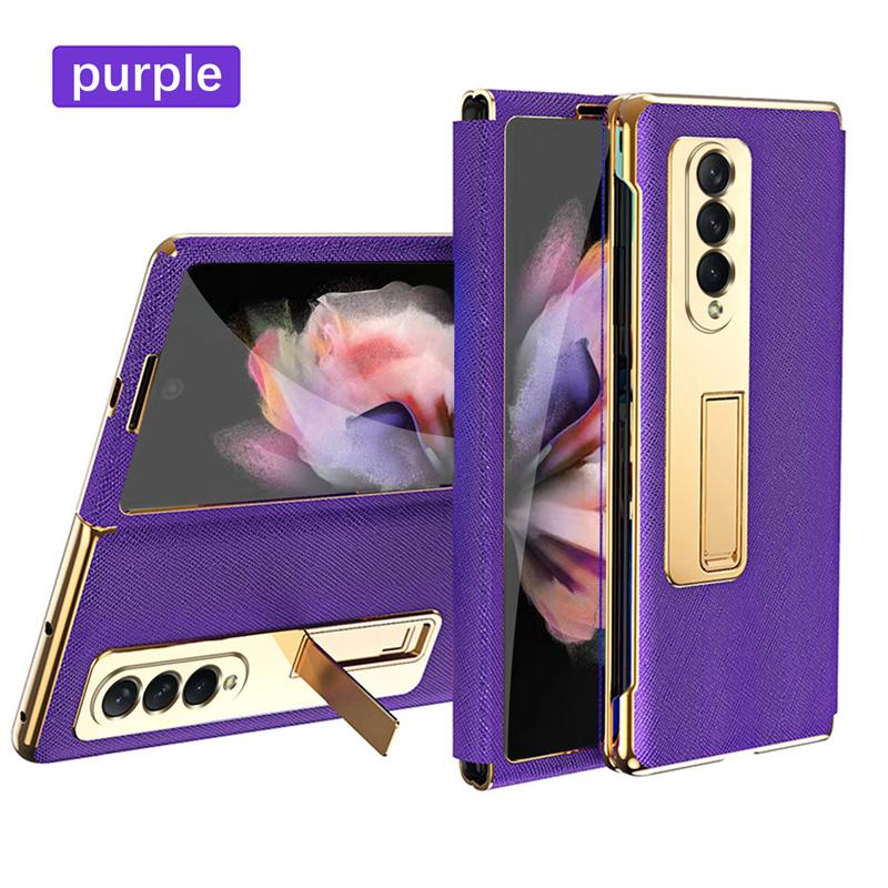 Per Samsung Galaxy Z Fold 5 4 3 2 5G Custodia Lussuosa in Pelle con Cornice Placcata e Cavalletto Pellicola Protettiva per Schermo Frontale