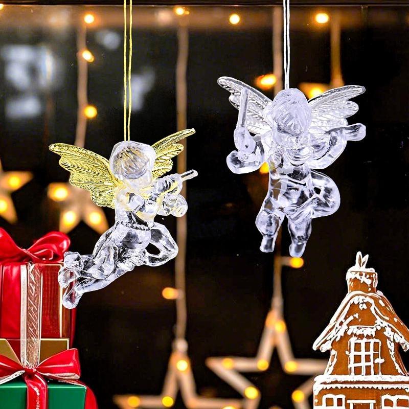 4Pcs Clear Acrylic Angel Hanging Ornaments With Delicate Wings Lovely Design Perfect For Xmas Tree Home Party Decor