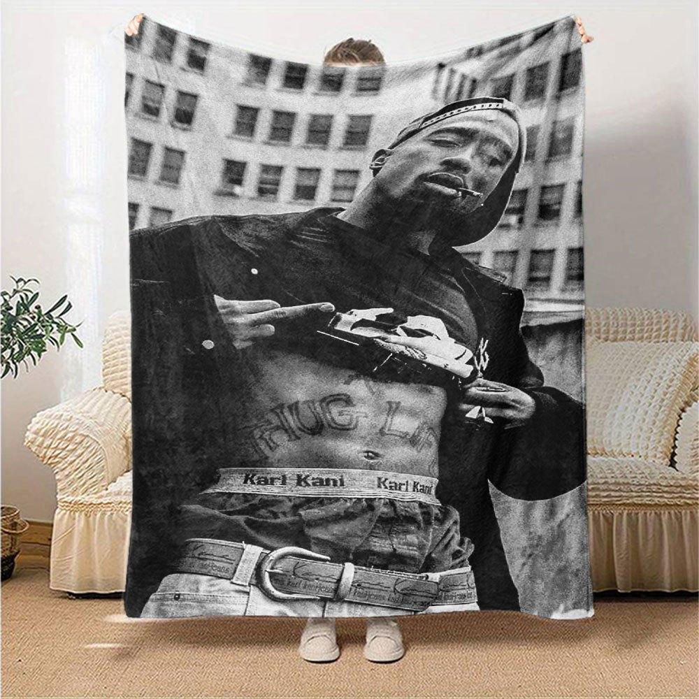 1pc 2PacHip Hop Blanket Soft Lightweight All Season Multi Purpose Throw for Sofa, Bed, Office & Picnics, French Style with Iconic Album Art & Quotes