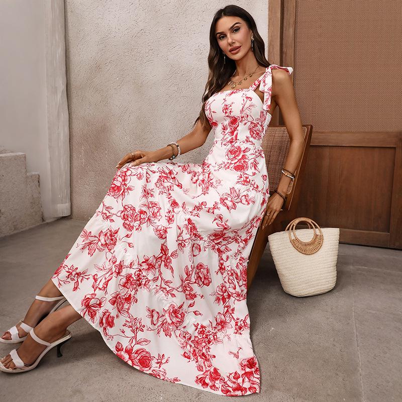 

TEMU 2026 French Resort Style Spaghetti Strap Retro Print Swing Dress Large червоний