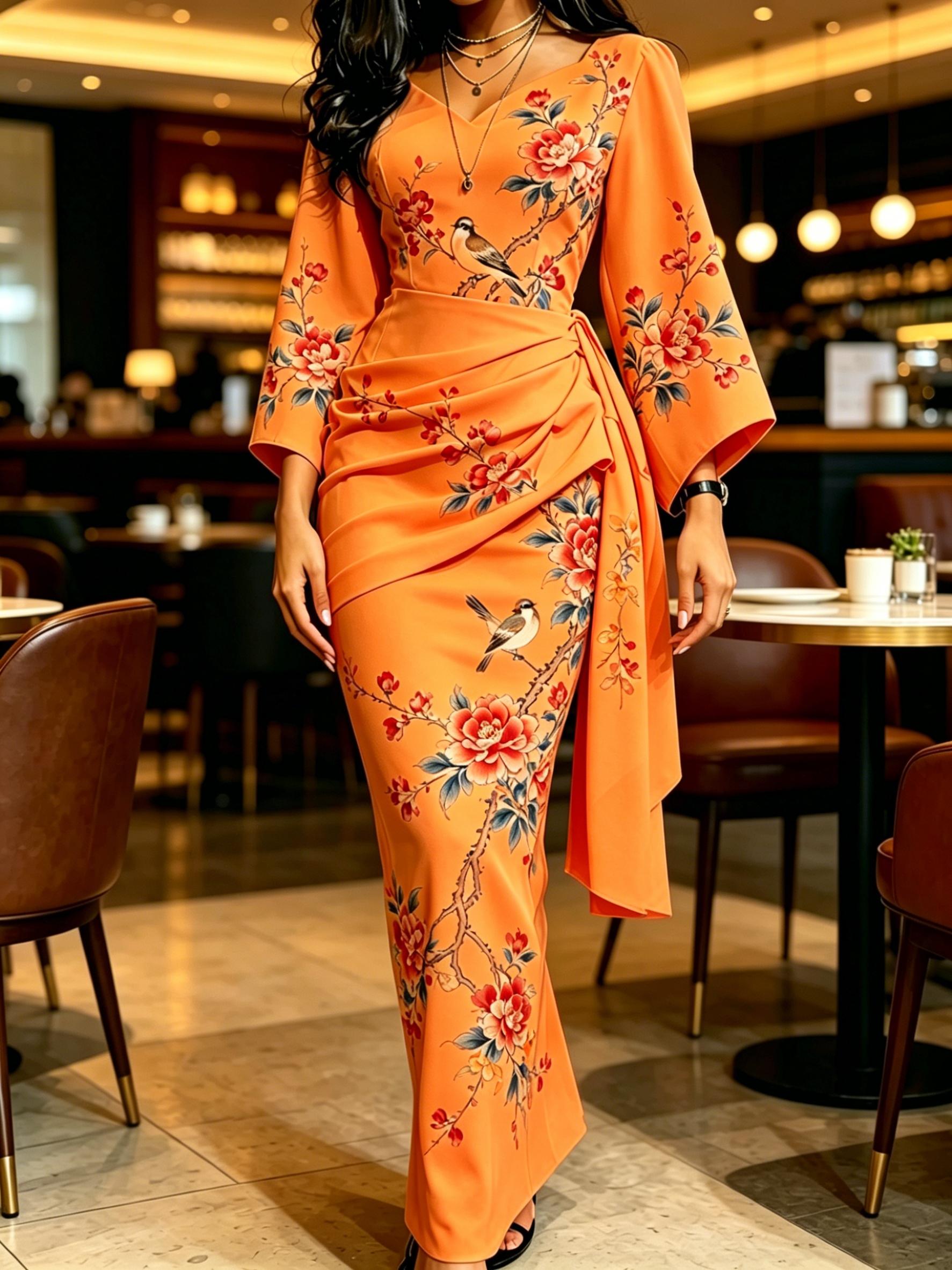 Women Orange Floral Print Maxi Dress Kimono Sleeve V Neck Ruched Wrap Waist Bodycon Elegant Dress XS