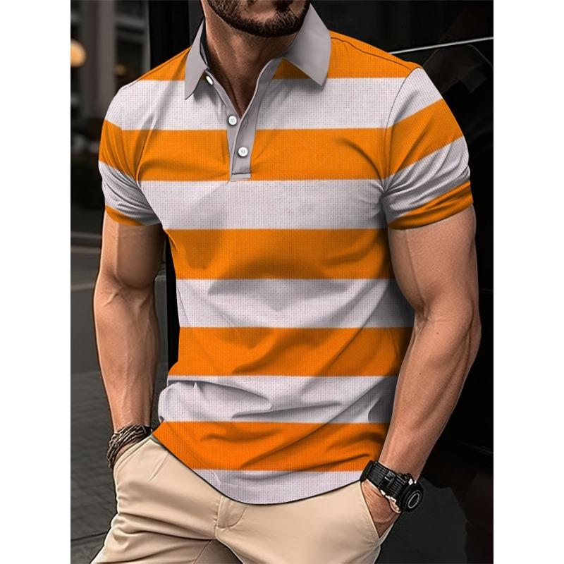 Summer Men's Short Clothes Sleeved Lapel 3D Digital Printed Striped Polo Shirt Man's Business Casual Top Clothes Oversized