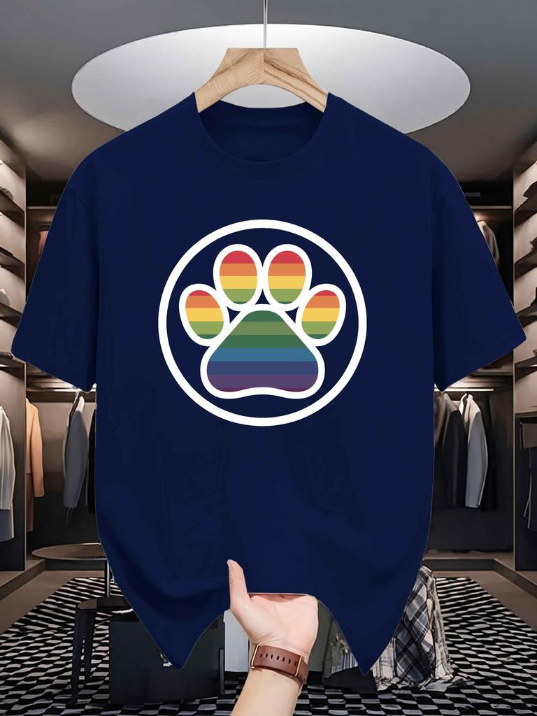 Unisex Crew Neck Tee Rainbow Paw Print Circular Pattern Graphic Soft Cotton Loose Short Sleeve Summer Casual Male Streetwear Tops