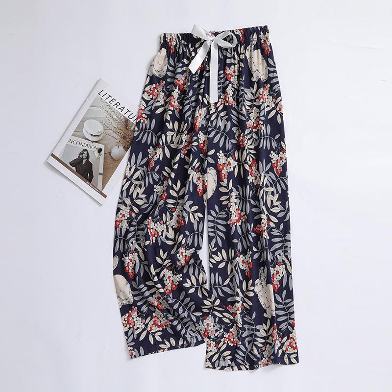 Damen Übergröße Baumwolle Viskose Pyjamahose, Cartoon-Blumendruck, Lockere Neun-Punkt-Strandhose, Outdoor-Bekleidung
