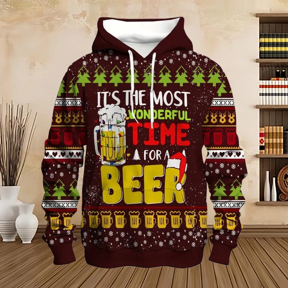 Men's Christmas Beer Hooded Sweater Christmas Party Long Sleeve with Drawstring Hoodies Comfortable Oversize Sweatshirt for Men
