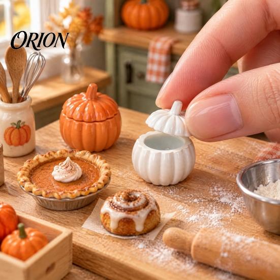 Seasonal Autumn Decor Items 1:12 Miniature Pumpkin Shaped Casserole Pot Model, Metal Bowl Figurine Still Life Photography Props with Lid, Mini