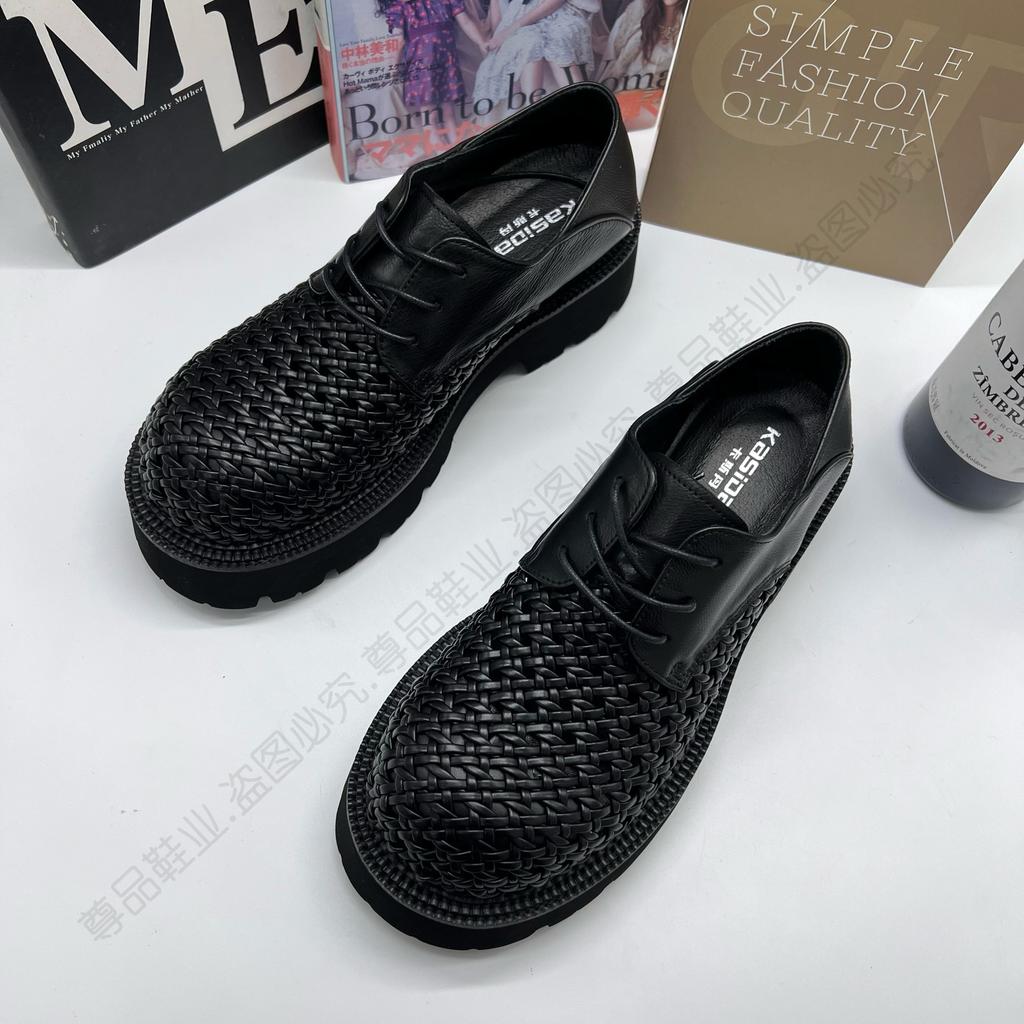 2025 New Derby Shoes Men's Niche High-end Summer Hand-woven Breathable Big Head Leather Shoes Casual Hole Shoes