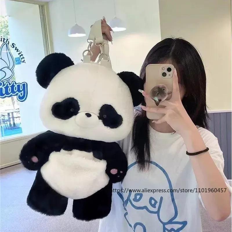 Cartoon Cute Panda Shape Backpack Nylon Plush Material 2 Sizes Available Removable Shoulder Strap Bag Fashion Women's Makeup Bag