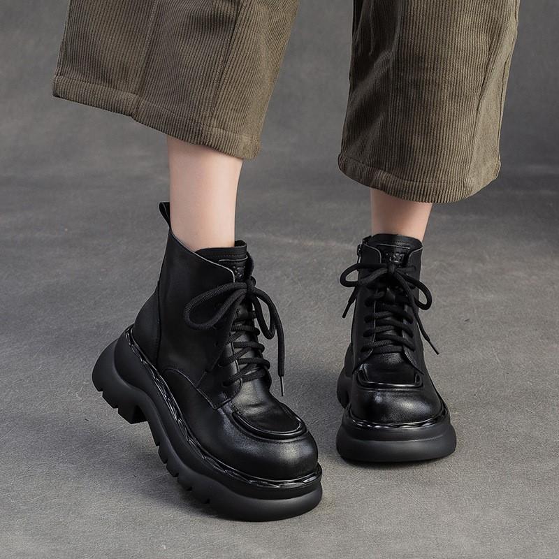 Johnature Genuine Leather Thick Soled Ankle Boots Retro Round Toe Side Zipper Women's Short Boots