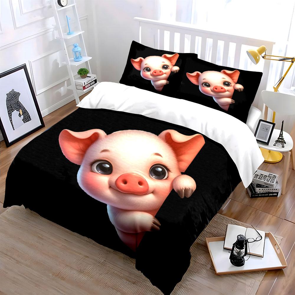 A Cute Pink Cartoon Piggy Print Soft Comfortable Duvet Cover Bedding Set Included 1*Duvet Cover 2*Pillowcases Luxury Gift