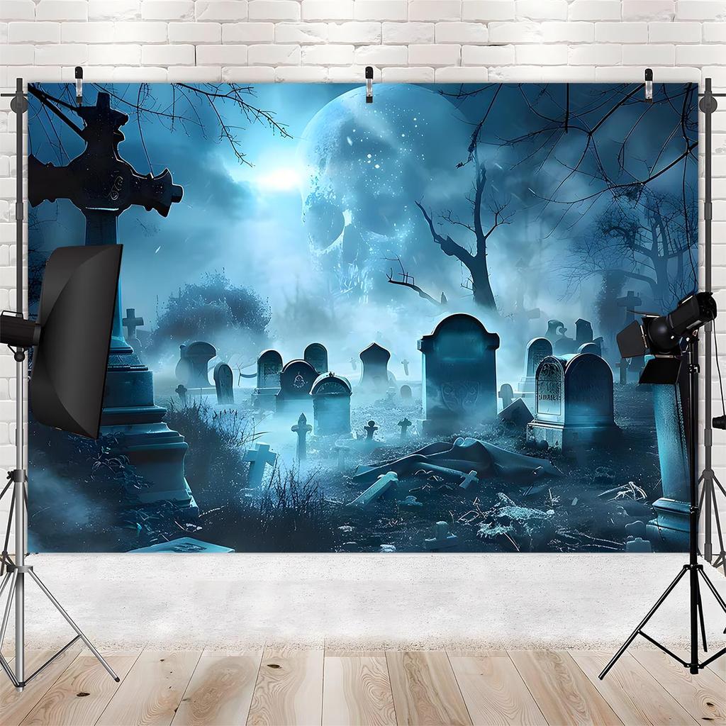 2D flat banner - 2D flat eerie cemetery moonlit night background banner - durable polyester.PMJ