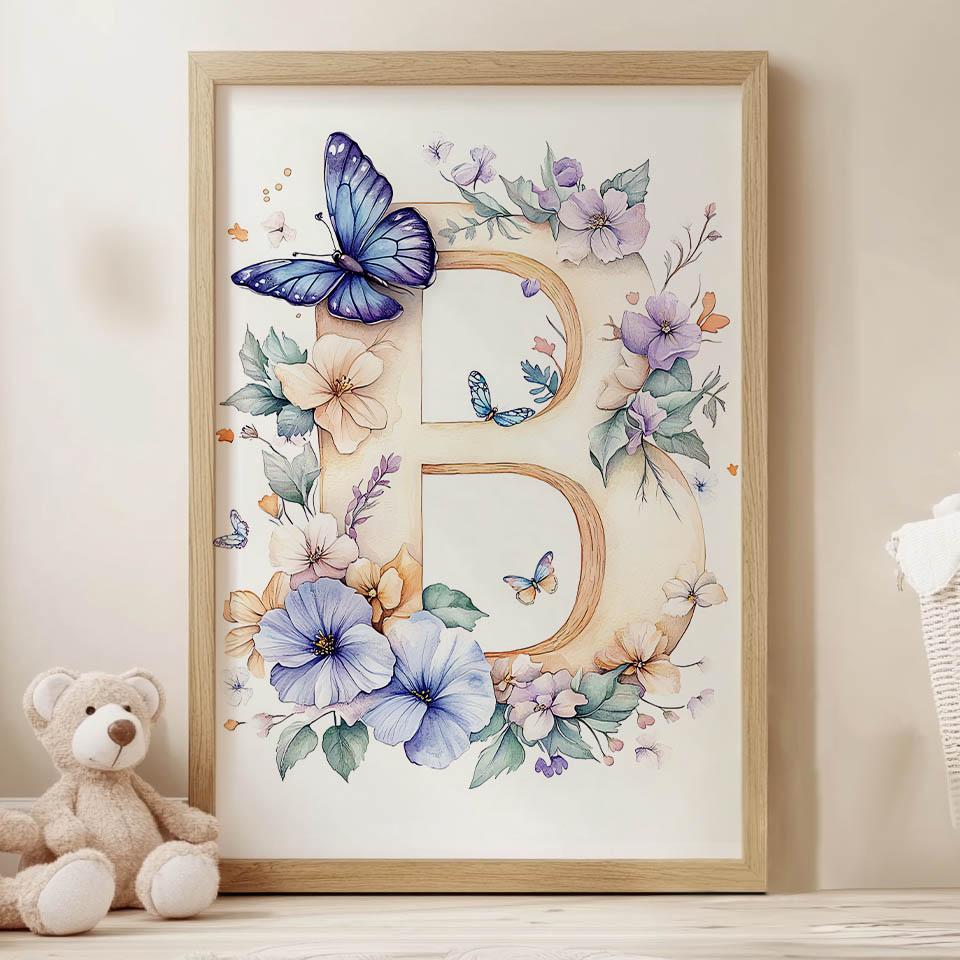 Plakat "B" W Kwiaty I Motyle Plakat "B" W Kwiaty I Motyle, 30X40 Cm, Rama Drewniana Ciemny Brąz, Papier Matowy 230 Gsm