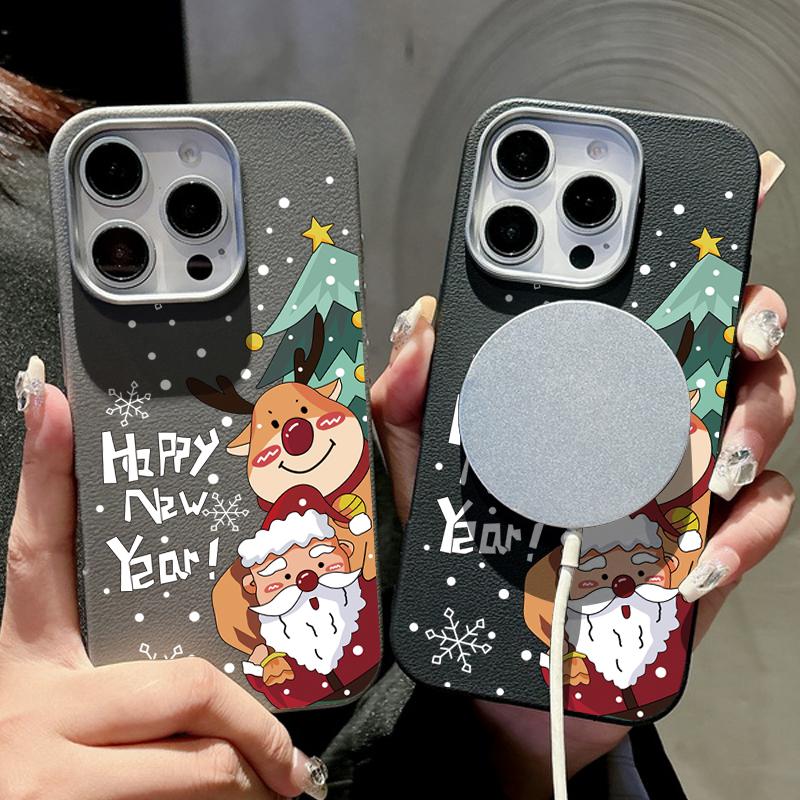 Для Magsafe Magnetic Leather Texture Phone Case for iPhone 16 15 Pro 14 Plus 13 12 Pro Max 11 New Year's Santa Claus Pattern Soft Tpu Slim Cover