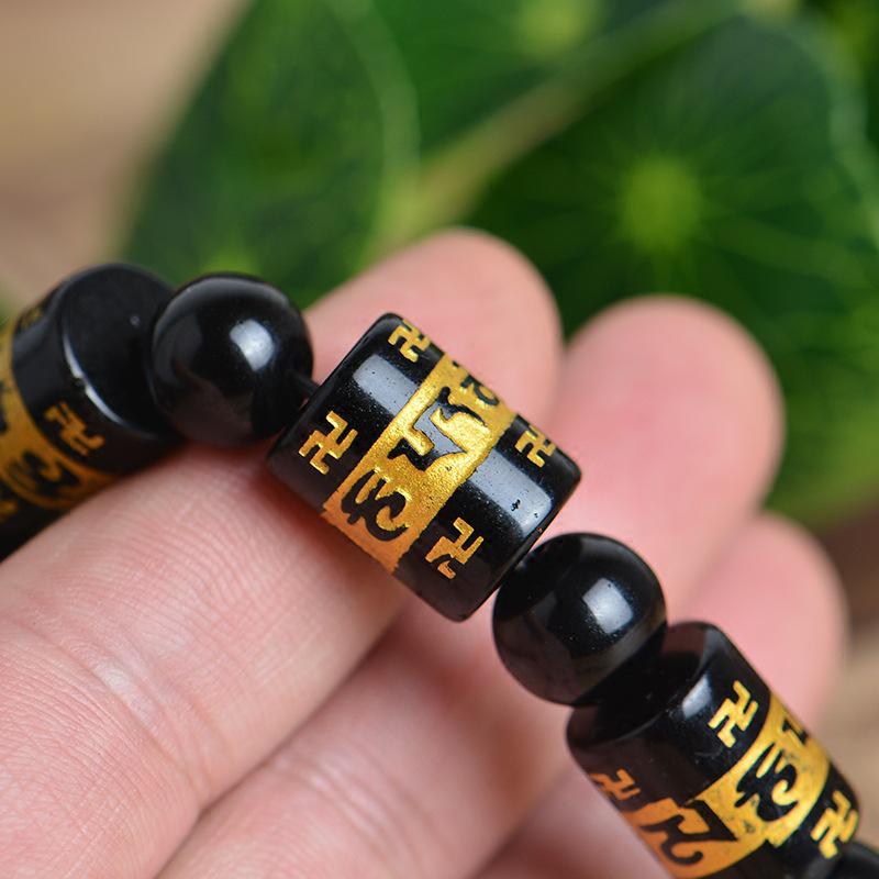 Imitation Obsidian Six-Word Mantra Bracelet - Men's Resin Buddhist Beads Craft Jewelry