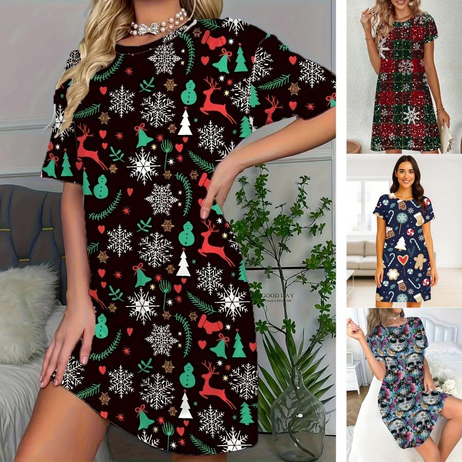 Women's Christmas Pajama Dress Short Sleeve Dress Costume with Reindeer Snowflake Tree Print Y2k Ladies Clothes Female Clothing