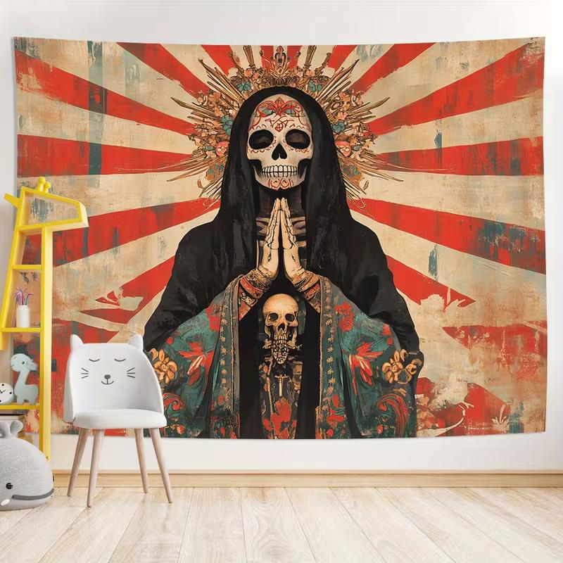 2D Holy Death Skull Tapestry Retro Mexican Aesthetic Background Cloth
