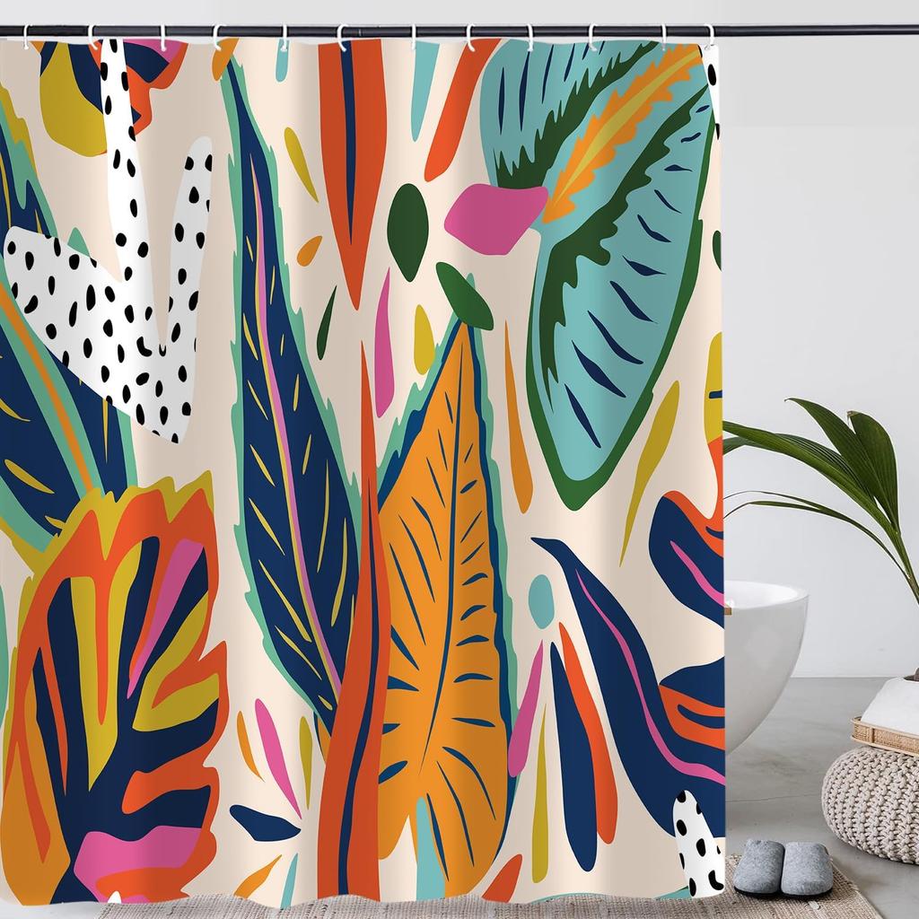 Colorful Abstract Shower Curtain 72x72inch Waterproof Bath Curtian Accessory Set 12 Hooks, Boho Tropical Floral Bath Curtain Set