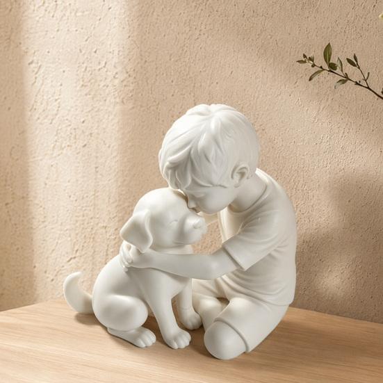 jijijing 3D Printed Puppy And Boy Statue, Dog & Owner Sculpture, Hugging Figurine Decor, Home Decoration Healing Ornament Gift