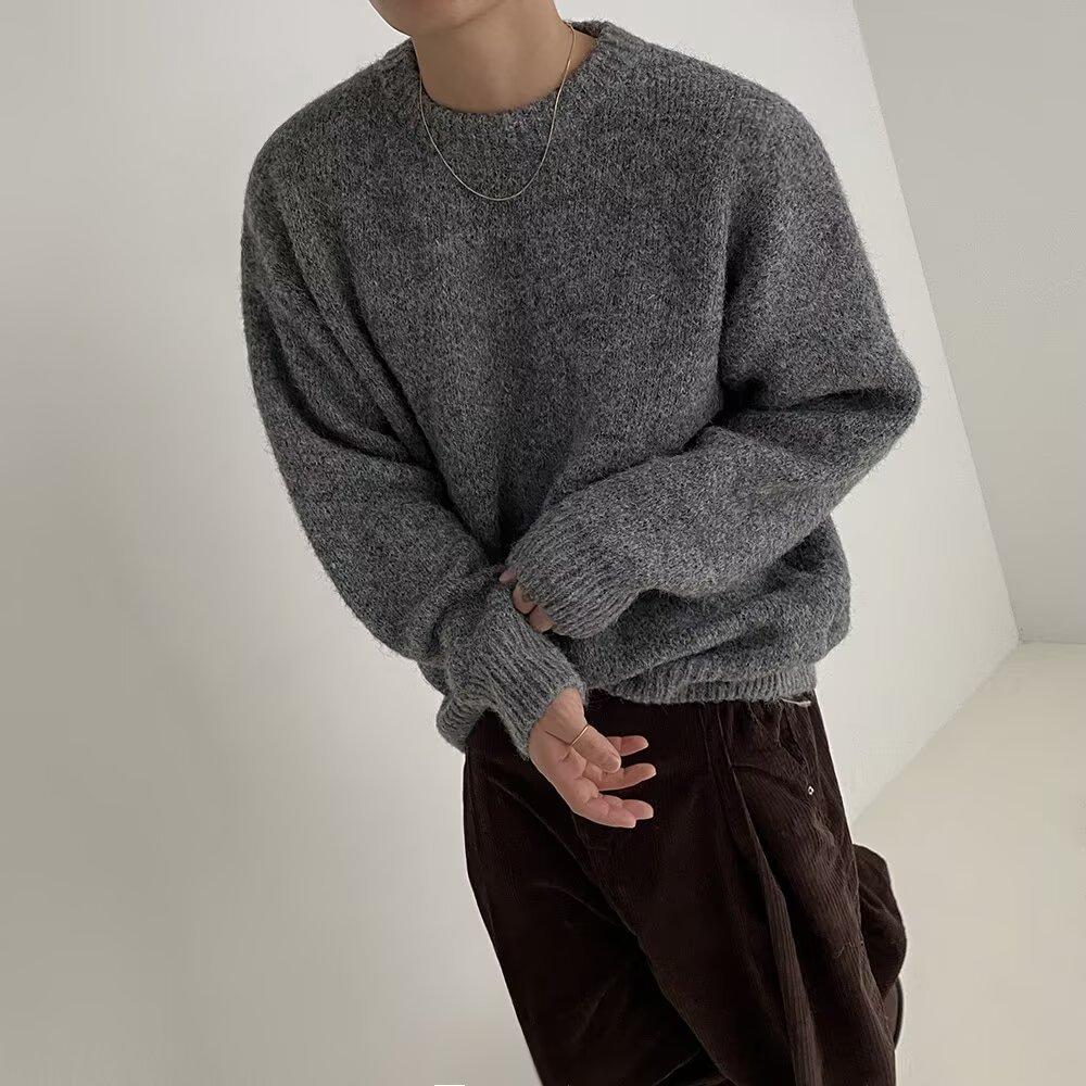 Mohair Knitted Sweater Men's Autumn Korean Trend Casual Lazy Style Pullover Sweater Loose Crew Neck Top