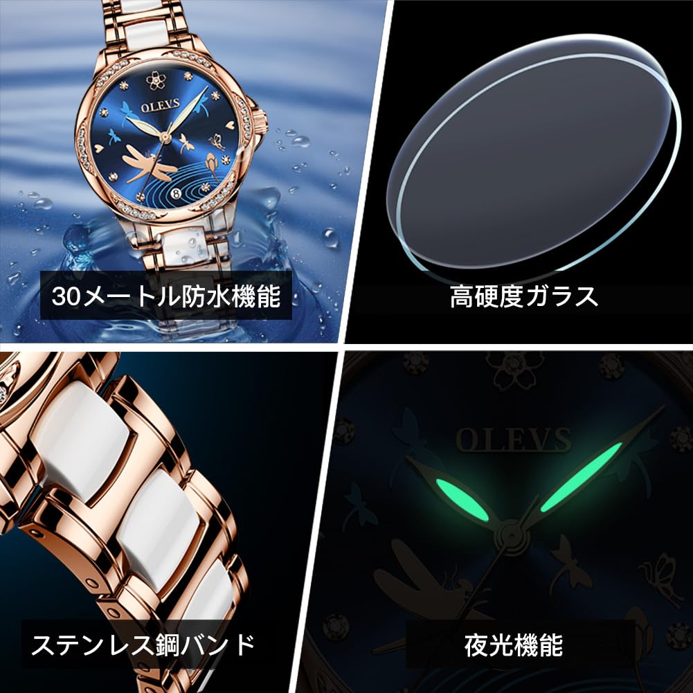 OLEVS Japanese Ceramic Diamond Easy To 30M Water Gift for Watch for Gold Blue Women's Watch, Automatic, Mechanical, Quartz, Belt, Dial, Luminous,