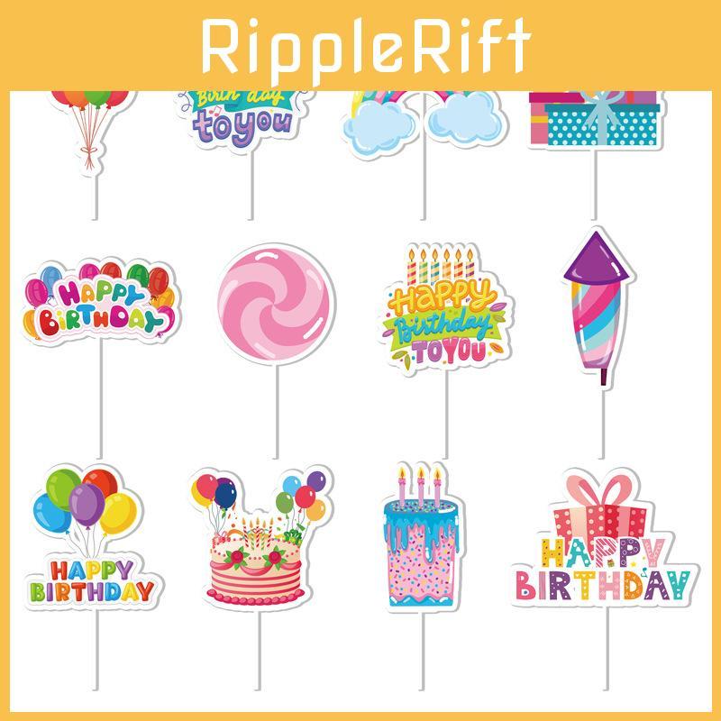 Birthday Cake Happy Toppers With Paper Flags For Party Decoration Set 12 Of
