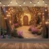 1pc Magic Garden Background Fabric, Featuring Wooden Doors, Vivid Flowers and Tree-shaped Arches - Polyester Material
