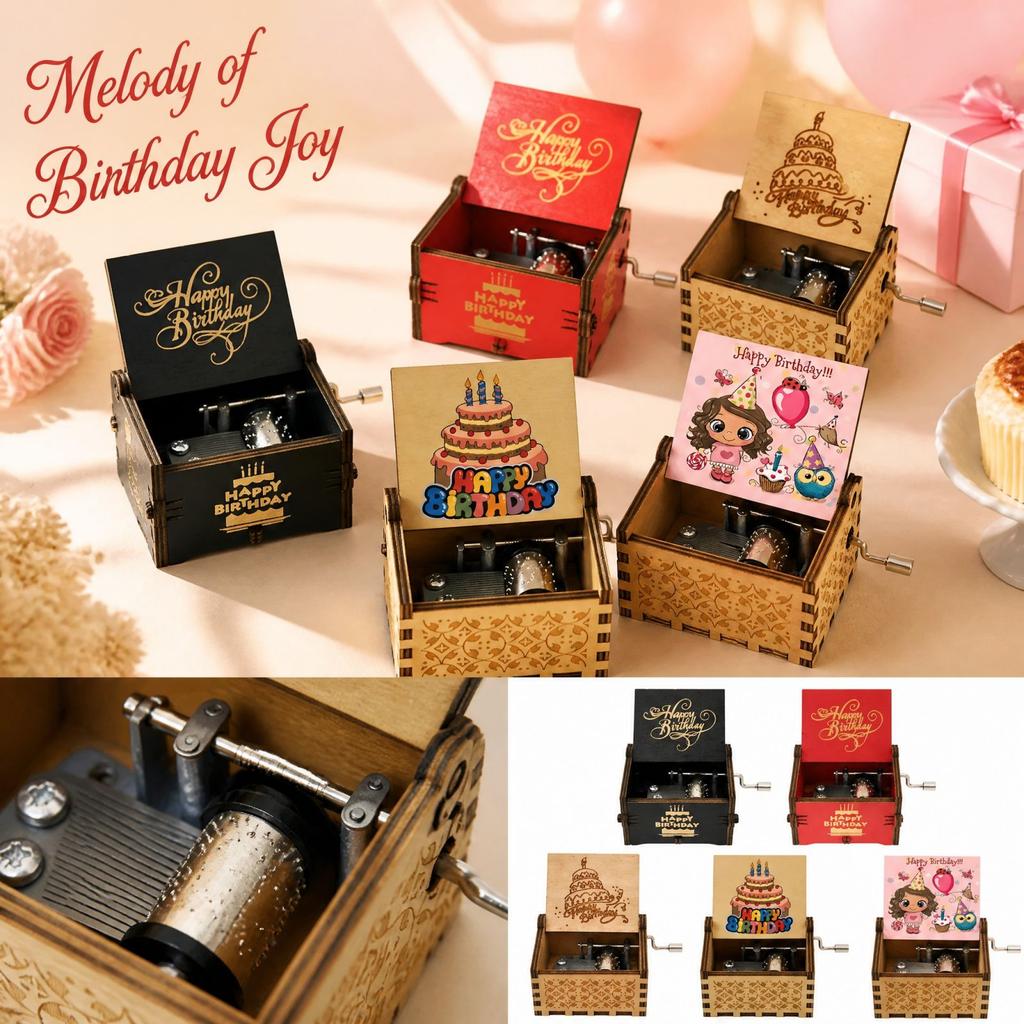 Wooden Hand Crank Music Box with Happy Birthday - Vintage Carved Music Box for Birthday Gift Decor