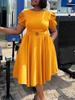 C8601 Women's European & American Round Neck Elegant A-line Dress with Puff Sleeves & Waist-Cinching Hem