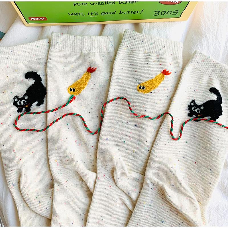 2 Pairs Autumn Vintage Women Cat Fish Printed Socks Cute Cartoon Middle Tube Soft Thermal Warm Crew Sock