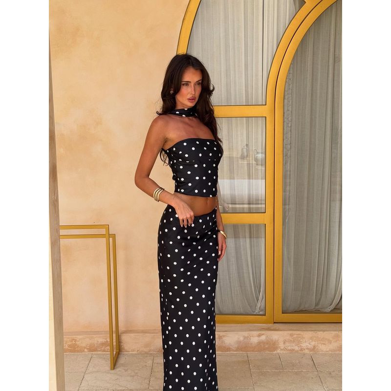 Outfitgirl Elegant Polka Dot Halter Tube Top Tops Female Summer Vacation Backless Slim Fit Sheath Skirt Suit