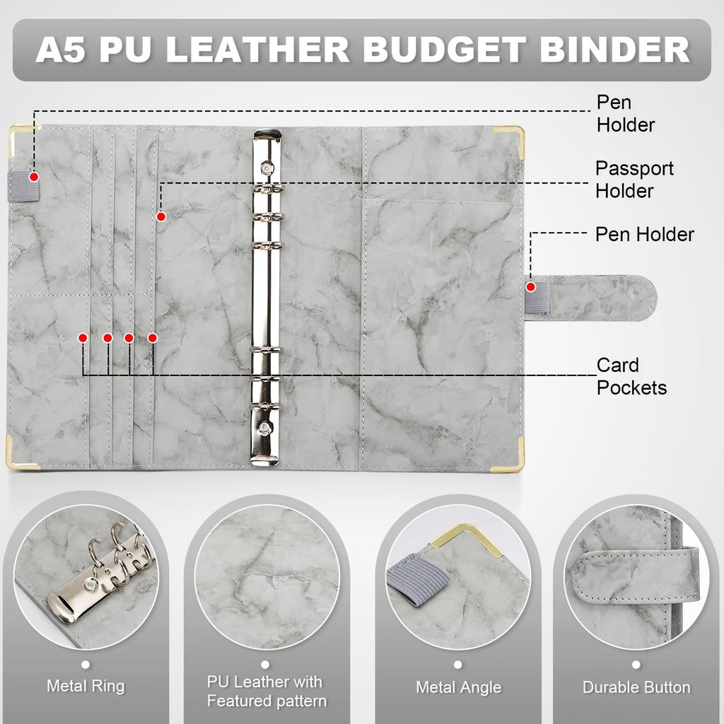 Toplive Notebook System A5 Loose High Quality PU Memo Ring Card Pen Schedule Travel Graduation Employment Light Notebook Business Office Marble Gray