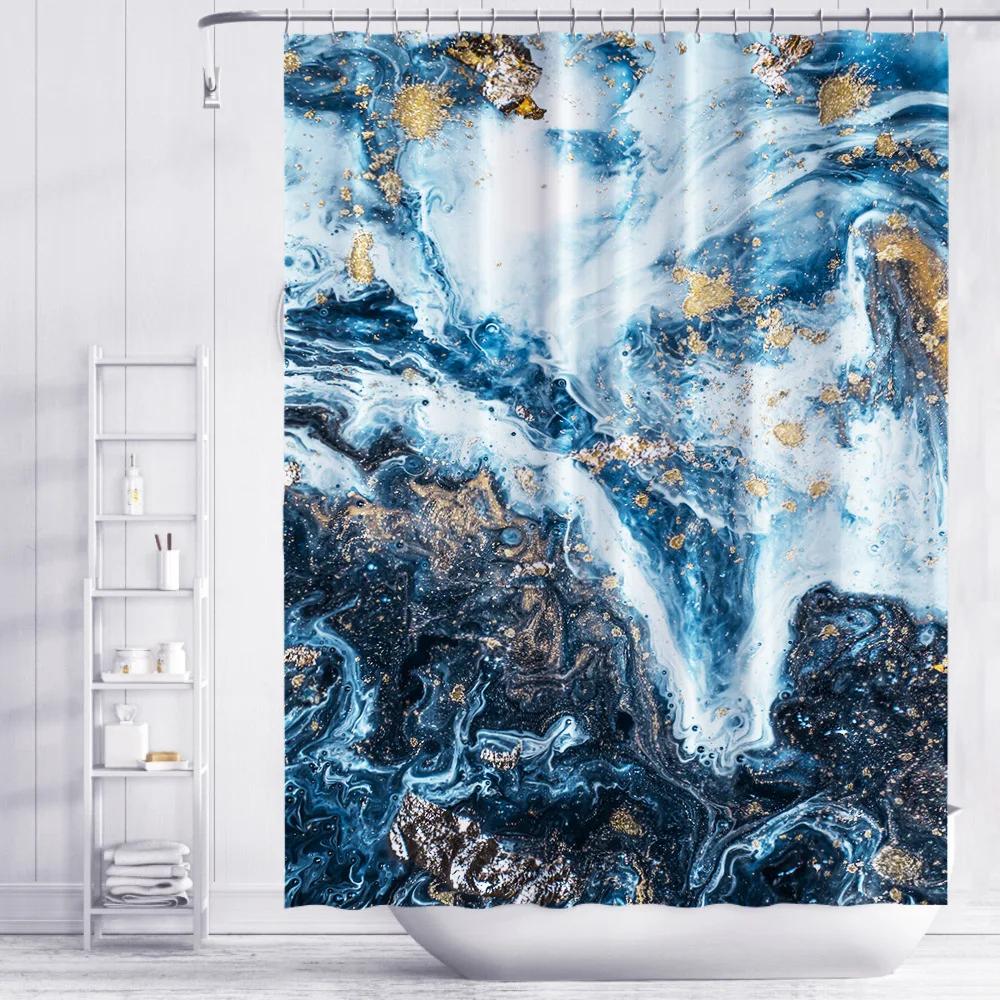 Nordic Gradient Marble Shower Curtain Blue Gold 3D Printing Texture Thickening Waterproof Polyester Bathroom Curtains With Hooks W60H190(CM)-1 Pcs