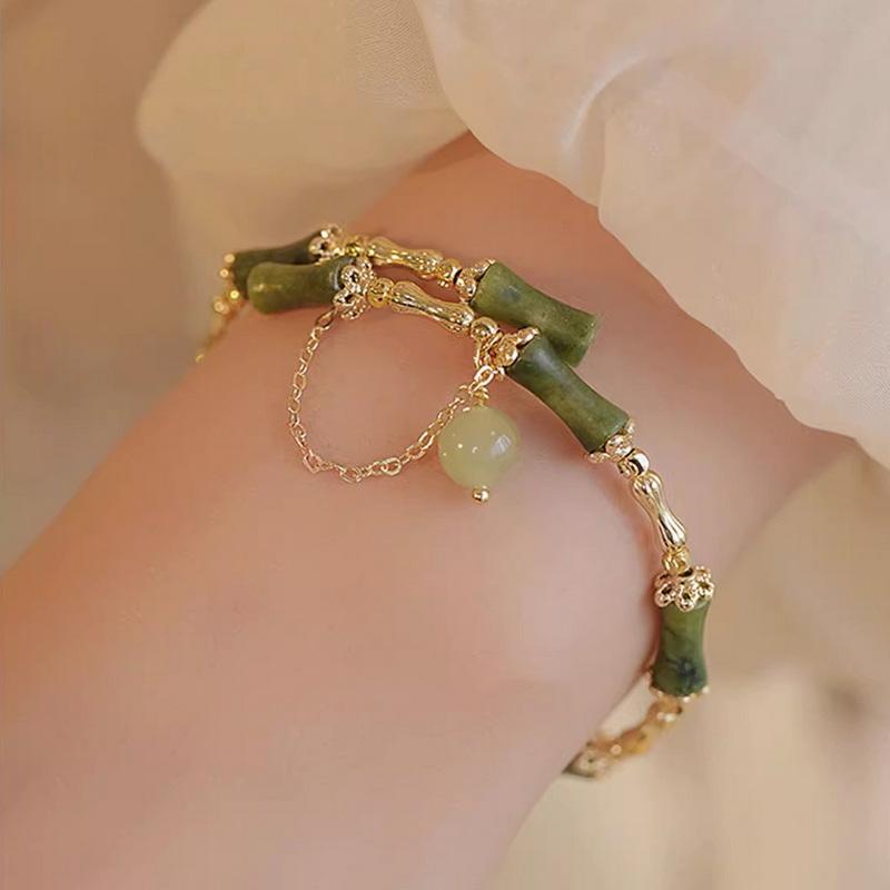 Handmade Green Bamboo Joint Beaded Bracelet With Leaf Tassel And Flower Charm For Women Party Jewelry Gift