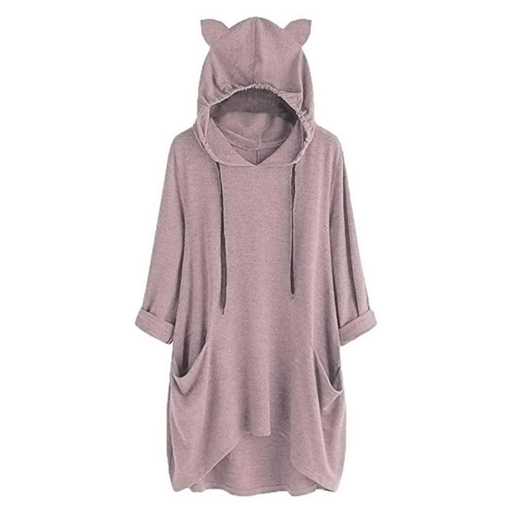 Women's Fashionable Solid Color Long Sleeved Pocket Long Loose Pullover Top