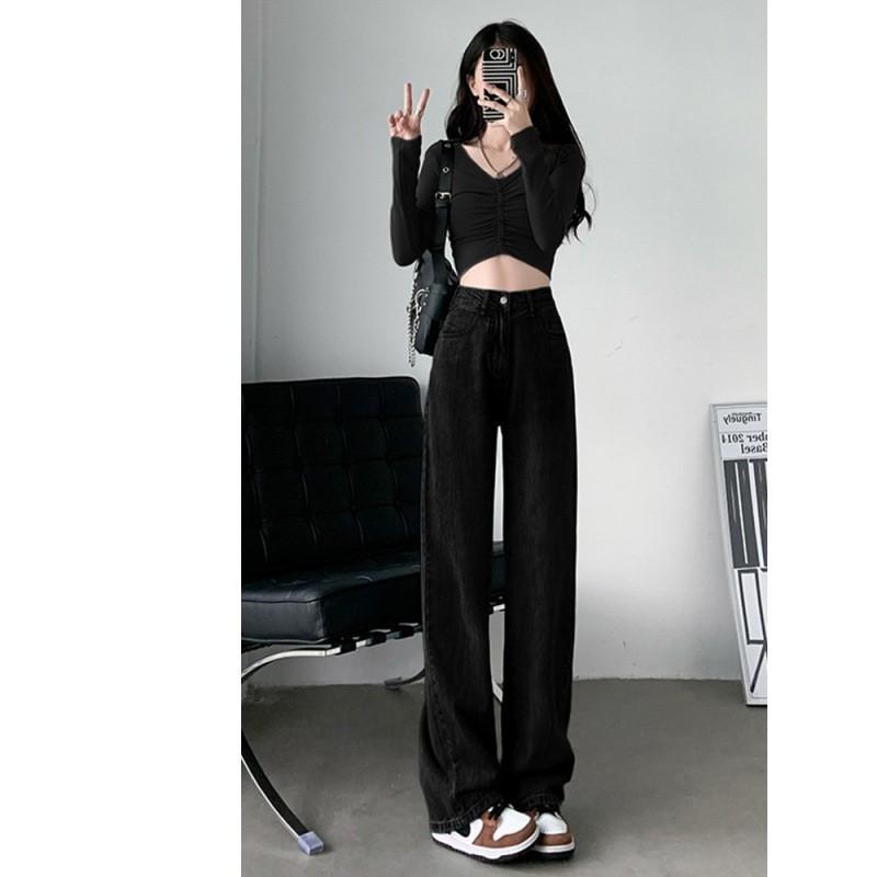 Womens High-Waisted Wide-Leg Straight Jeans Lightweight Cotton Blend Loose Fit Petite