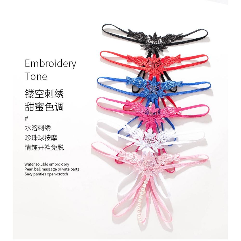 Sexy Panties Women's Hollow Embroidery Sexy Thong Pearl Massage Crotch Panties Ladies Thong