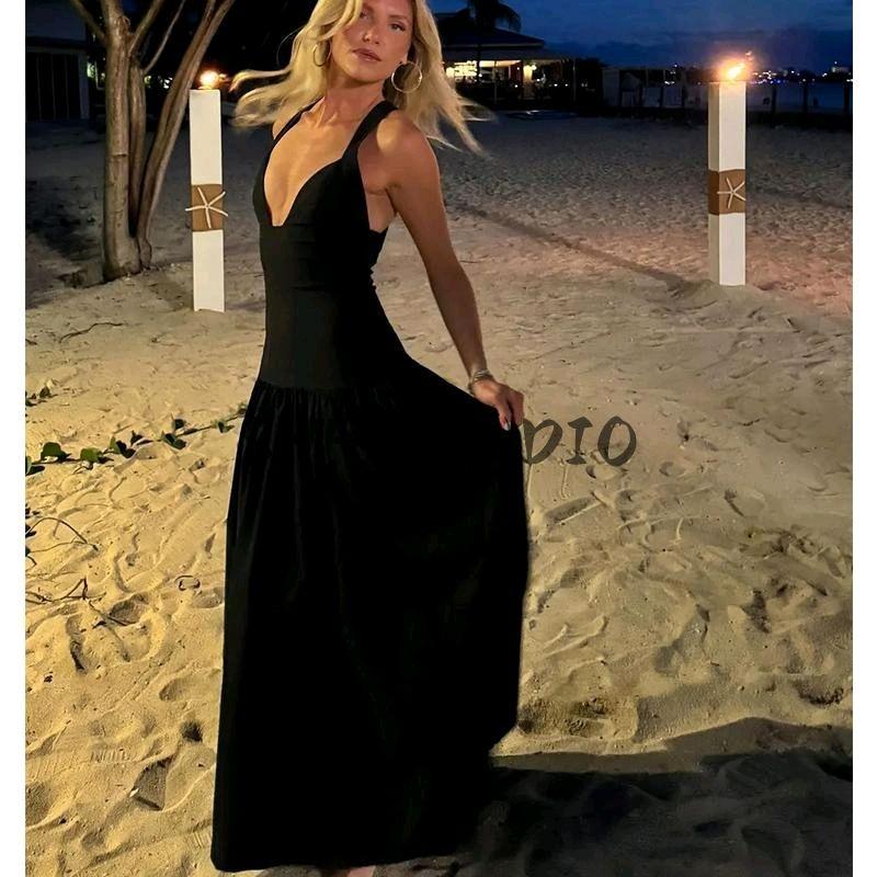 Spring New Women's Clothing French Suit Sexy Deep V Neck Sleeveless Long Patchwork Midi Skirt Vest Dress