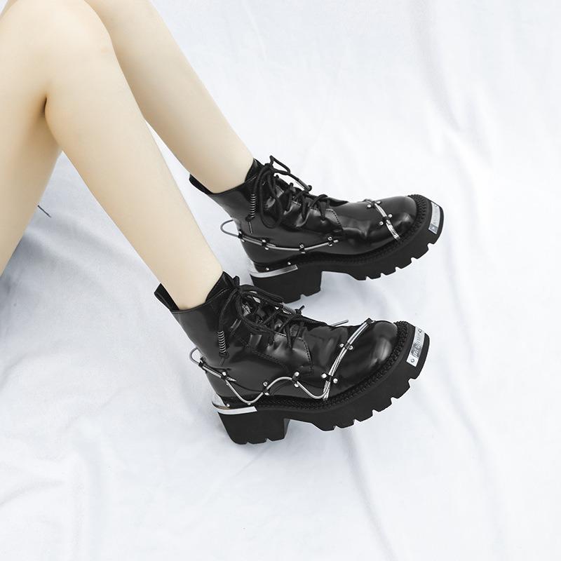 Niche metal decorative spring Martin boots women's thick-soled retro sweet cool short boots lace-up locomotive boots