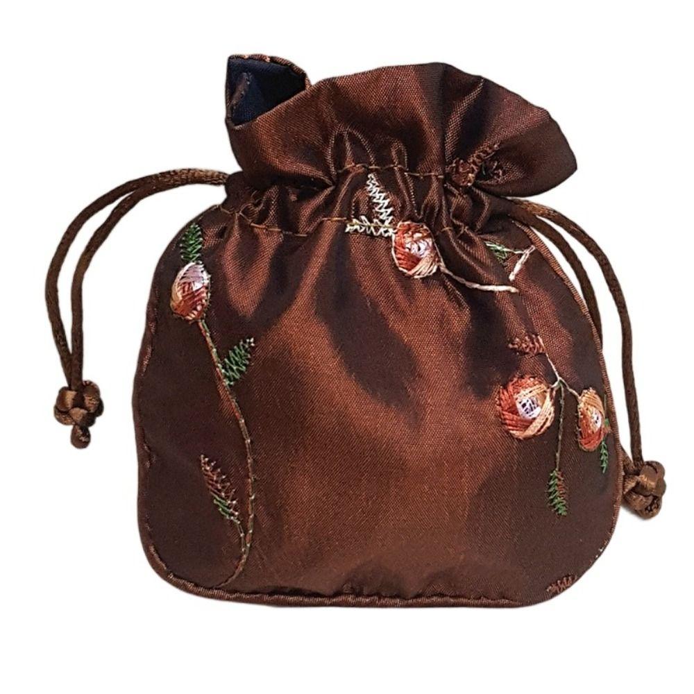 

Сумки ручной работы с вышитыми цветами, косметичка с верхней ручкой, сумка для украшений на шнурке для женщин коричневый