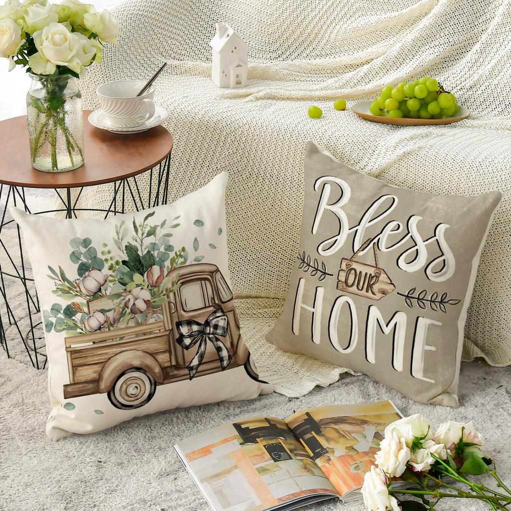 4 Pcs Double Sided Farmhouse Cushion Covers, Eucalyptus Cotton Truck Home Quote Rustic Throw Pillow Cases (No Inserts)