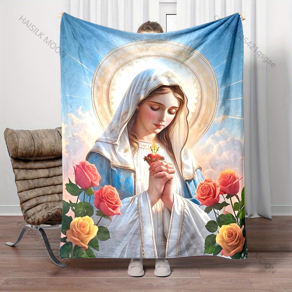 1PC Praying Virgin with Roses Print Blanket Warm Soft Fluffy Kids and Adult Sofa Bed Throw Blanket Outdoor Travel Camping RV