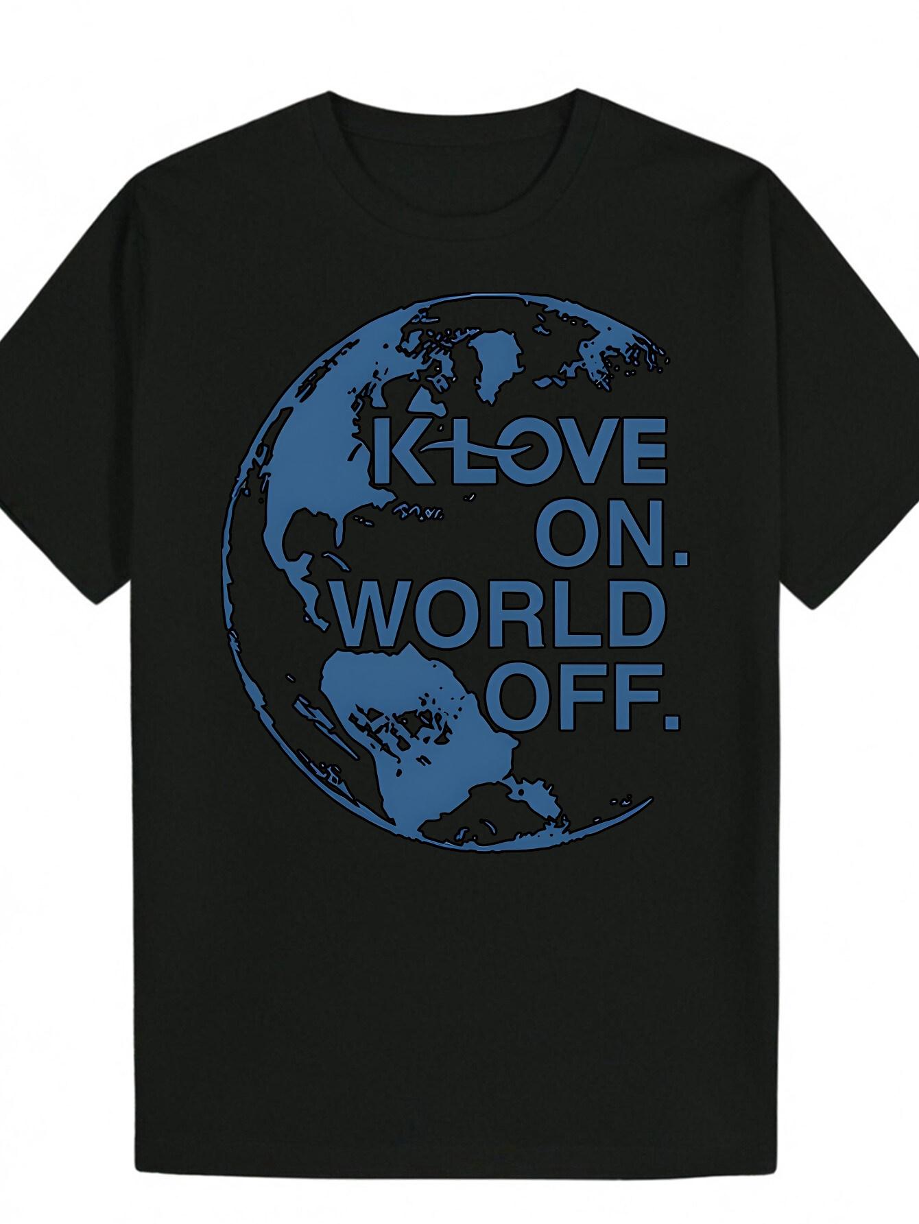 Short Sleeve T-shirt - Black with Blue Earth Graphic & KLOVE ON WORLD OFF Letter Print S