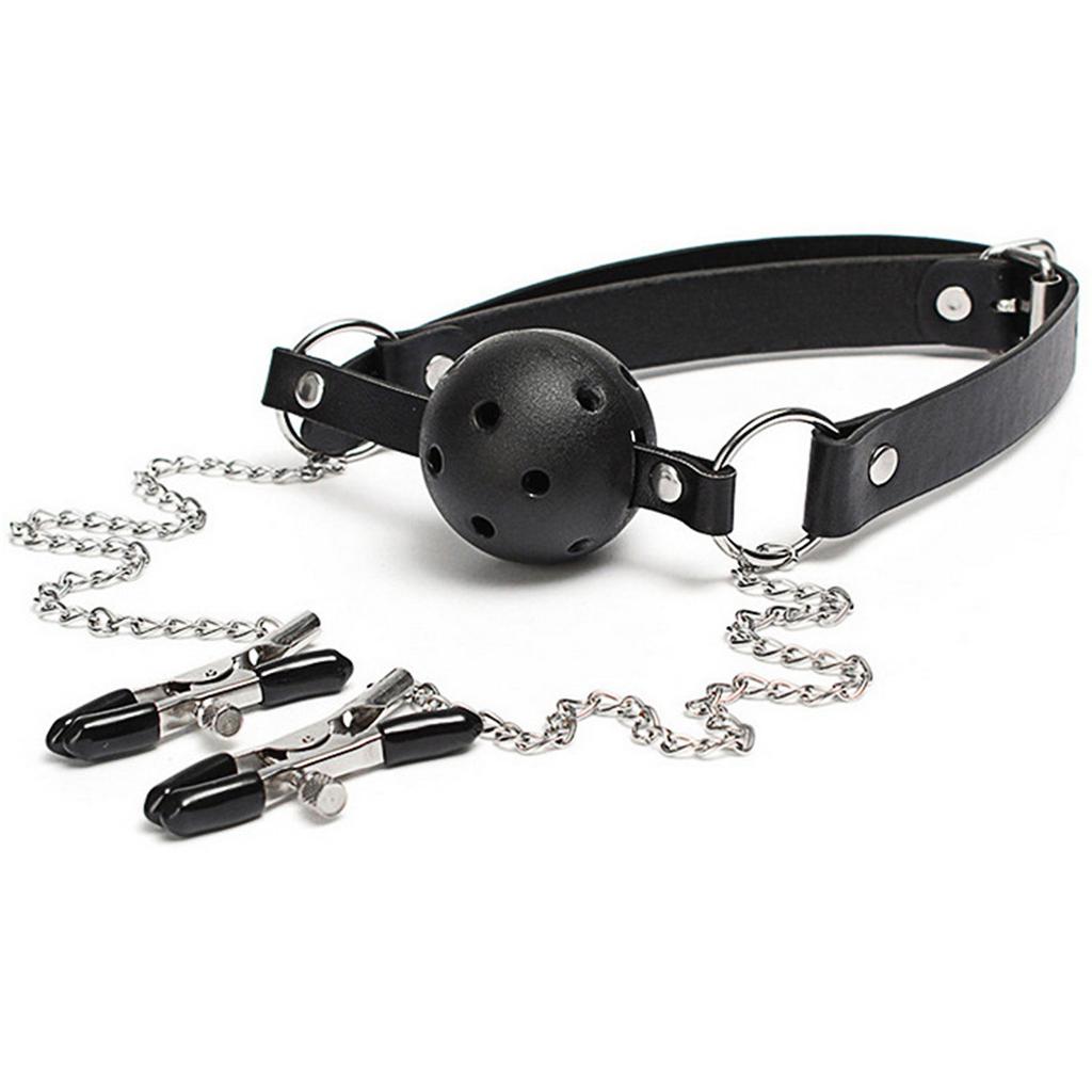 Leather Bondage Restraints Neck to Wrist Handcuffs Kit Nipple Clamps Gag Adjustable Restraint Straps Sex SM Toys For Couple