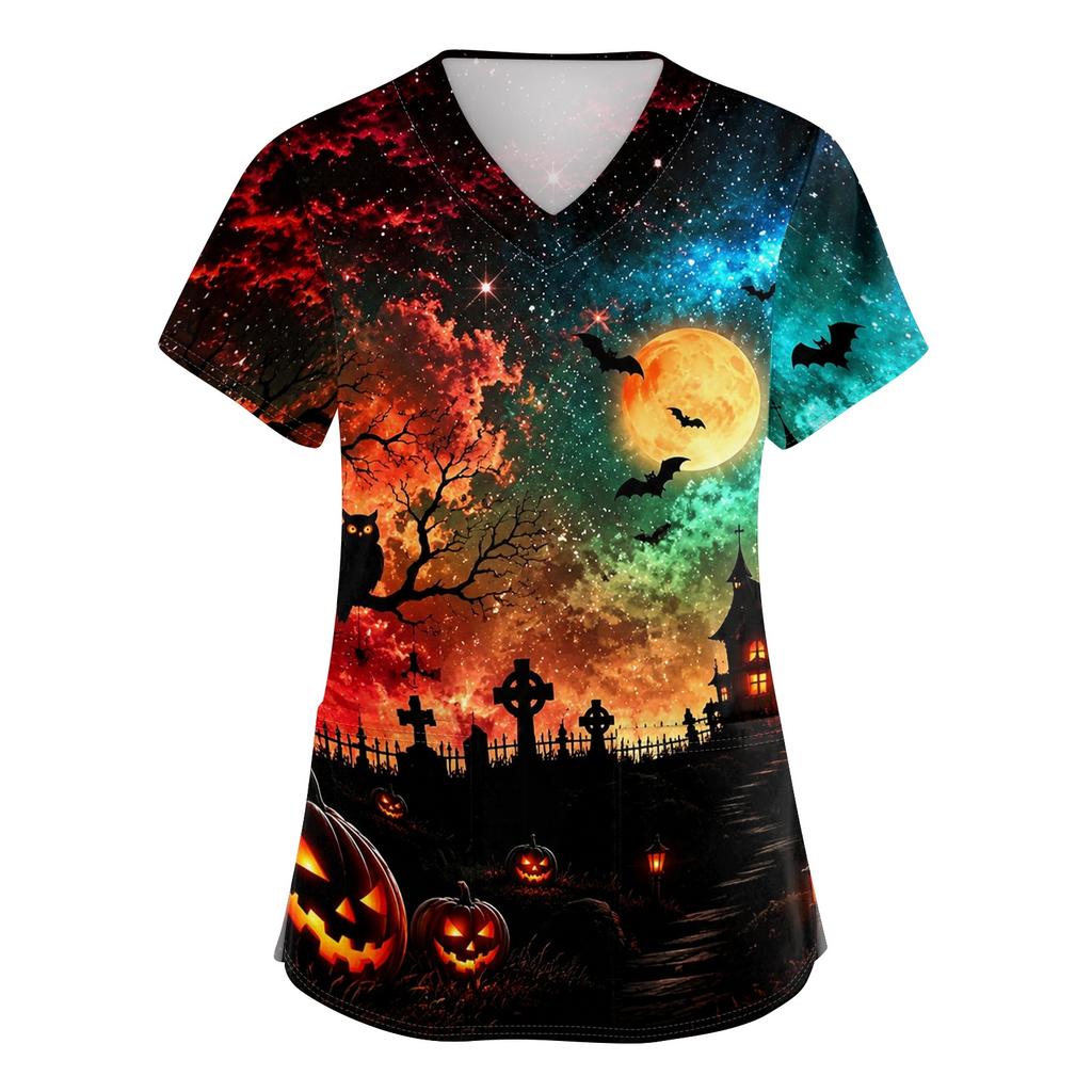 Womens V Neck Halloween Print Short Sleeve Scrub Top with Pocket Side Slit Medical Uniform Shirt for Healthcare Professionals