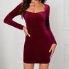 Rochie de seară elegantă pentru femei, cu gât pătrat, mânecă lungă, din catifea, bodycon, care accentuează șoldurile