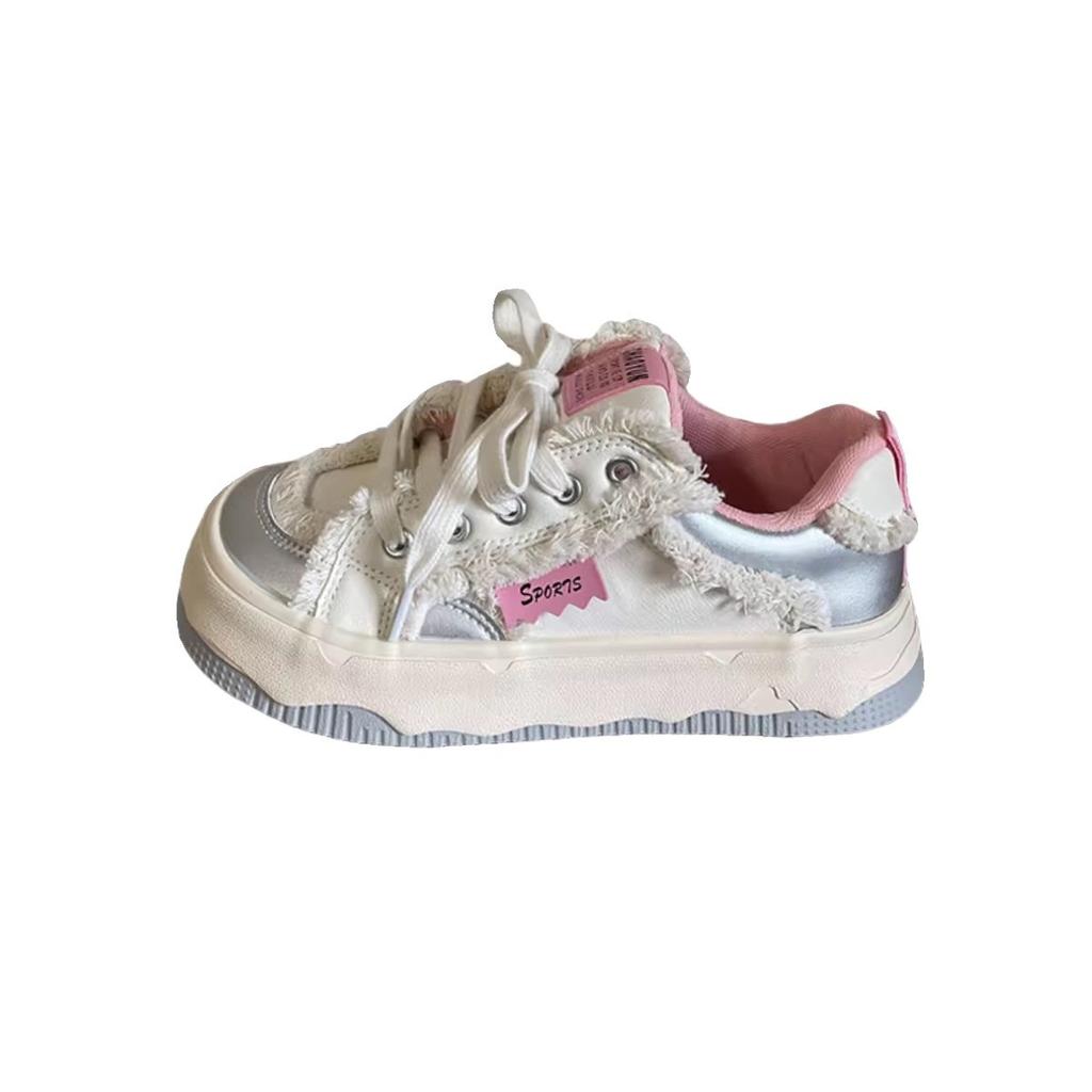 Round Head Ugly Cute Silver Powder Thick-soled Little White Shoes Women's Autumn New Leather Surface Casual Niche Rough Edge Sports Board Shoes Women